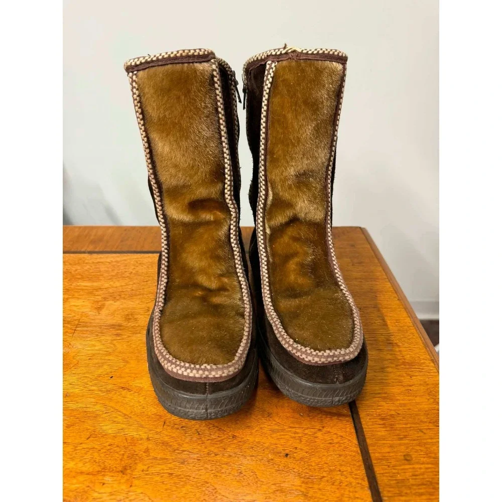 Vintage Ski-Lounger Brown Suede Faux Fur Zip Up Winter Boots Made in Italy Sz 39
